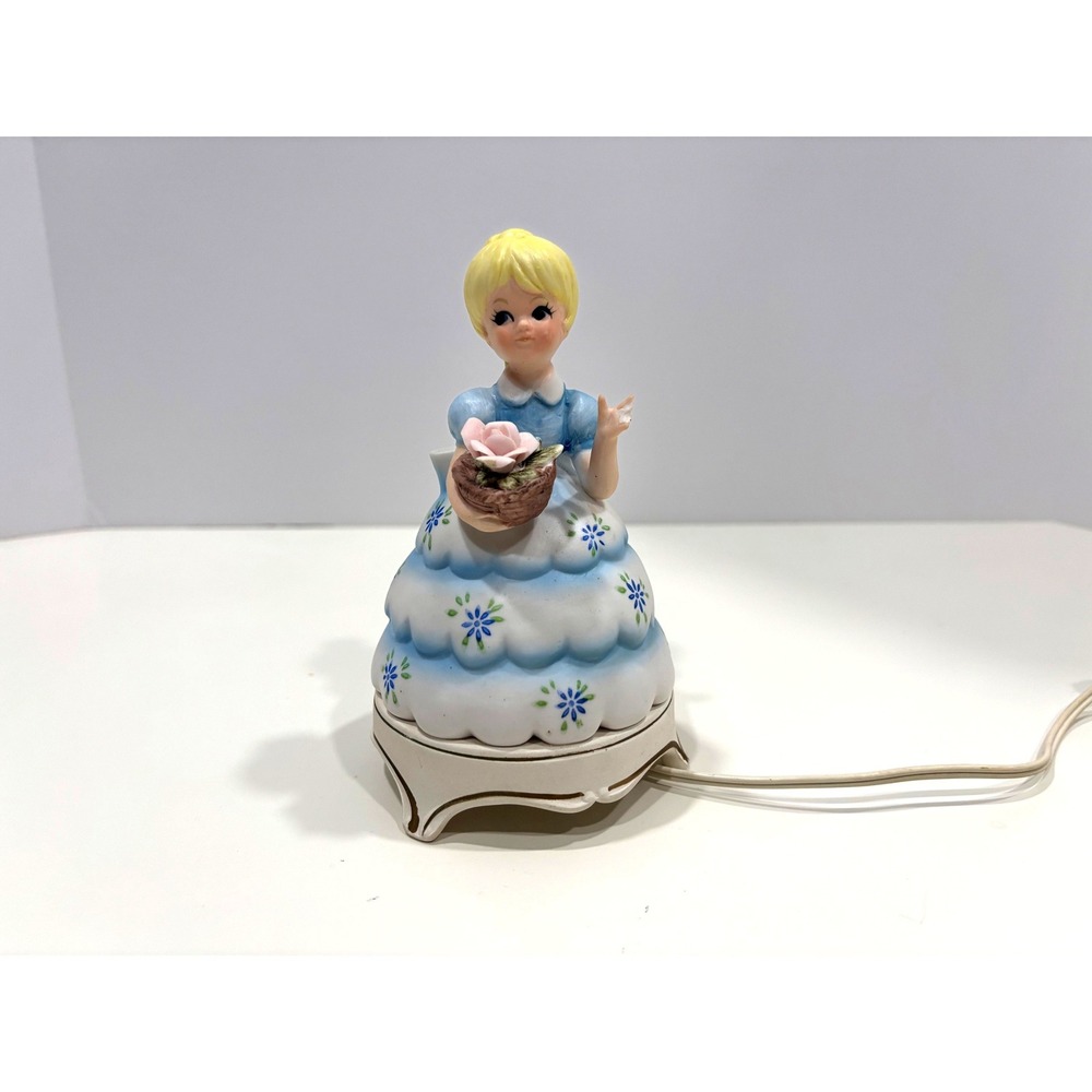 Vintage Porcelain Girl Night Light Blue Dress Pink Rose Made in Japan 6 Inch